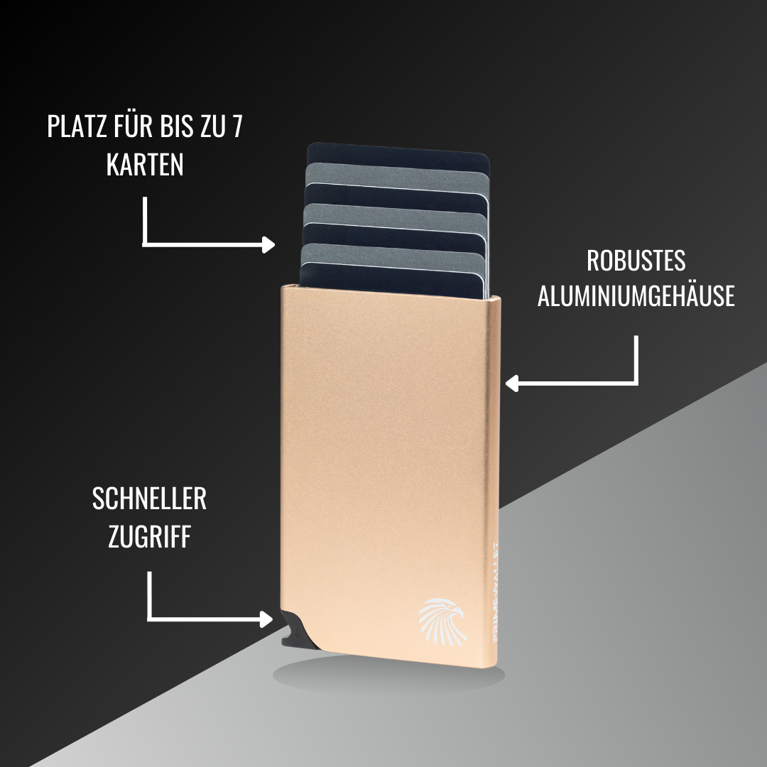 Goldenes Kartenetui mit robustem Gehäuse und Platz für 7 Karten. Einfacher Zugriff dank praktischem Schiebemechanismus