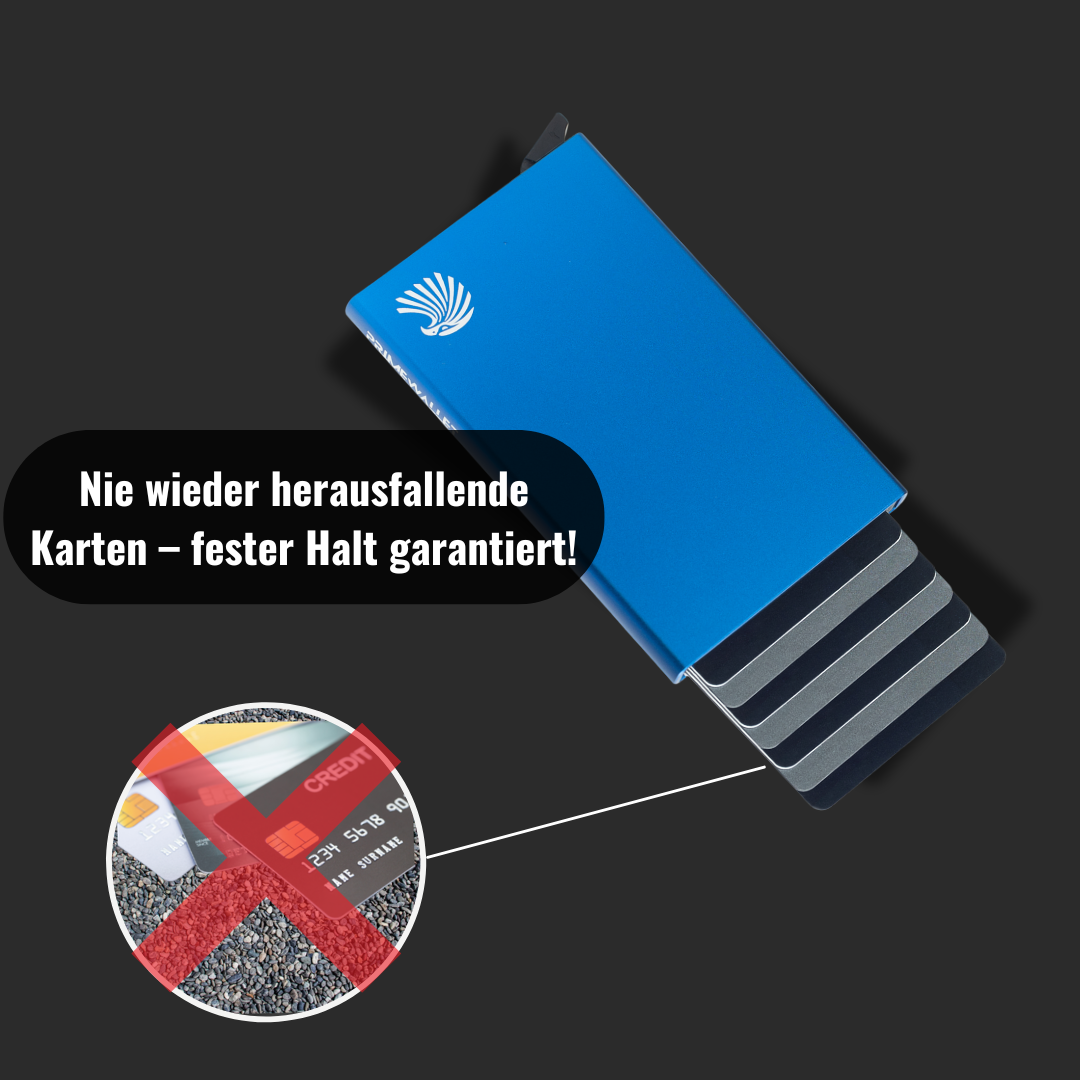 Blaues Kartenetui mit festem Halt für Karten – verhindert ungewolltes Herausfallen.