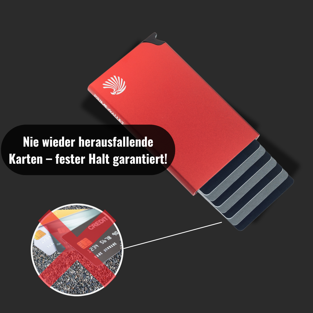 Kartenetui Push in Rot mit festem Halt für Karten. Sicheres Design verhindert Herausfallen – ideal für den Alltag.