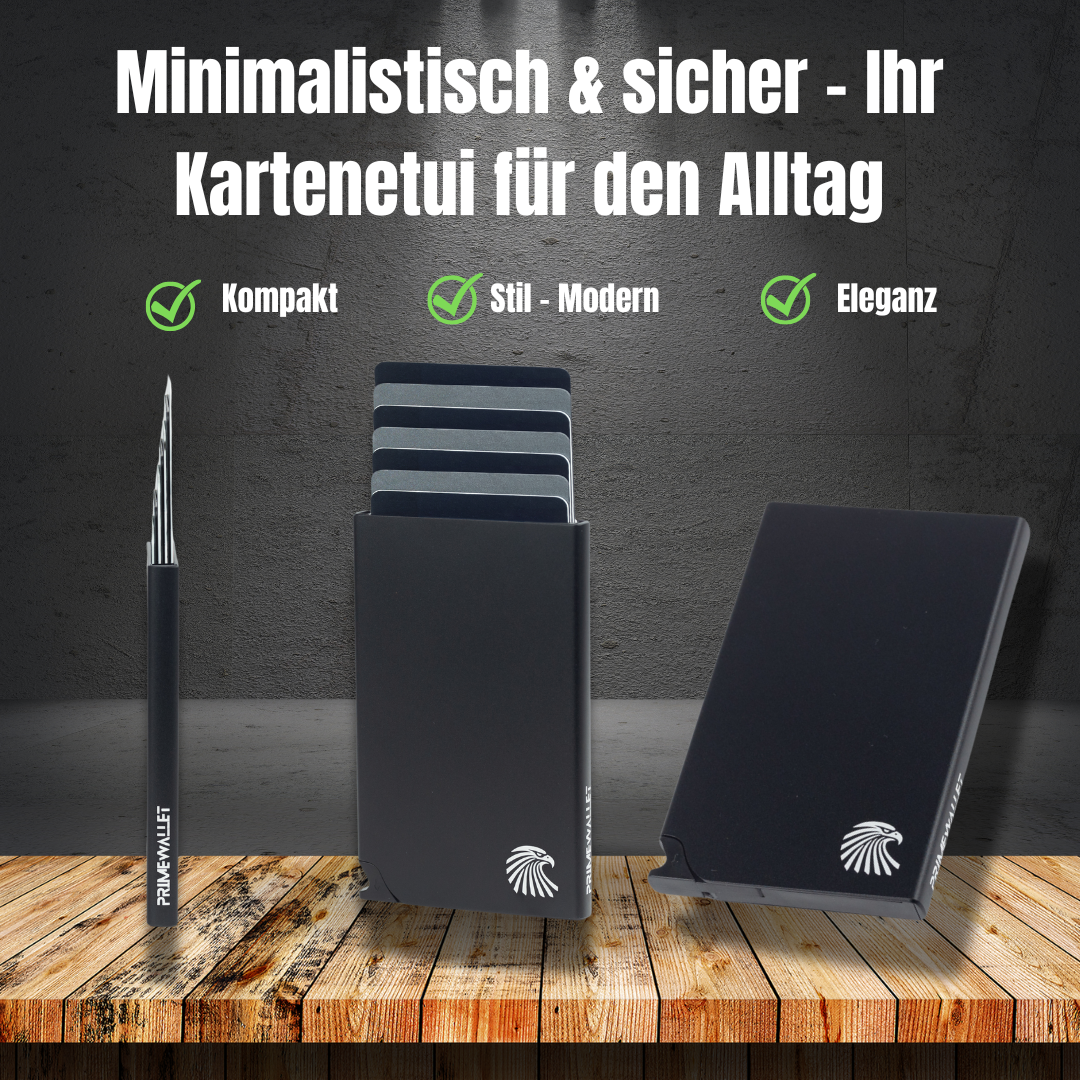 Schwarzes Aluminium-Kartenetui mit RFID-Schutz, Einhand-Mechanismus und modernem Design. Perfekt für den Alltag, Reisen und stilvolle Organisation von Kreditkarten und EC-Karten.