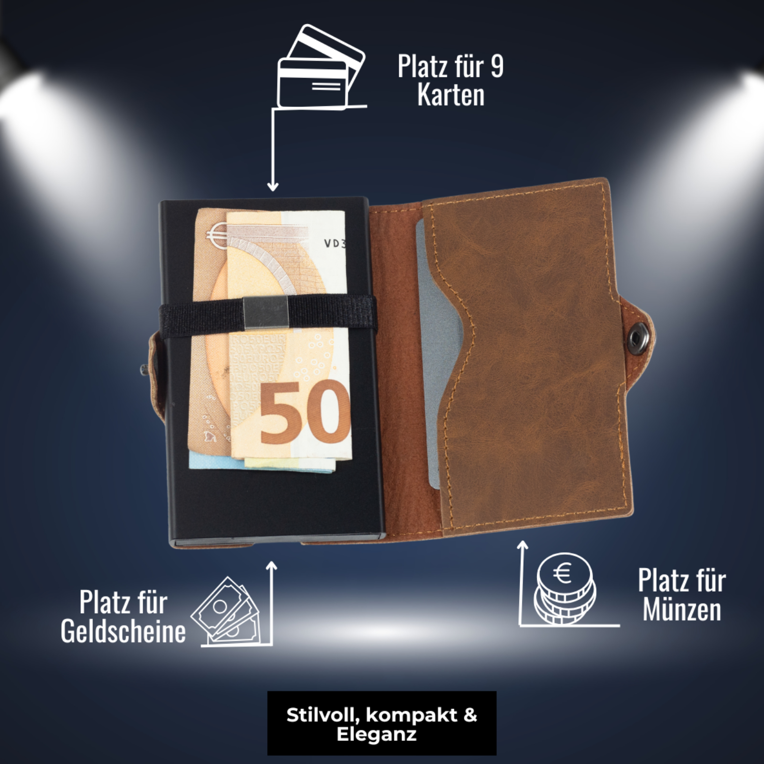 Slim Wallet Push in Braun mit Platz für 9 Karten, Geldscheine und Münzfach. Schlankes Design mit RFID-Schutz für optimalen Komfort.
