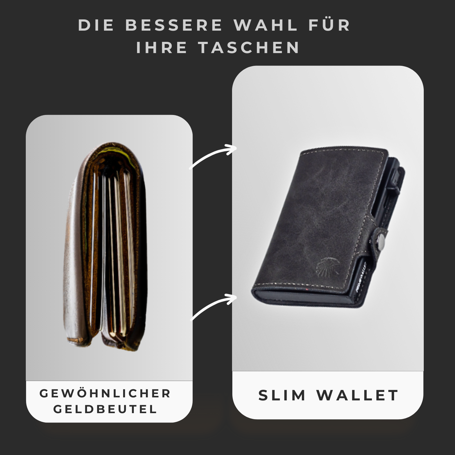 Vergleich zwischen einem dicken Portemonnaie und einem schlanken Slim Wallet – kompakt und praktisch für Ihre Hosentasche.