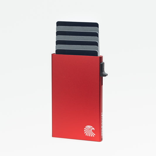 Kartenetui Side Rot – smarter Kartenhalter mit platzsparendem Design. Perfekt für minimalistische Geldbörsen-Nutzer.