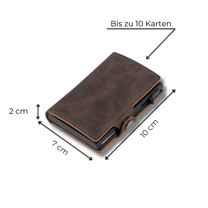 Slim Wallet Dunkelbraun – RFID-geschützte Geldbörse mit Platz für bis zu 10 Karten. Kompakte Größe (10x7x2 cm) für den Alltag.