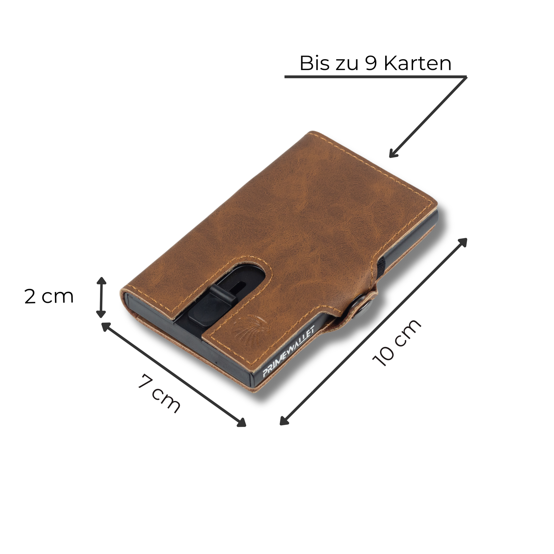Slim Wallet Push Braun – kompakte Geldbörse mit Maßen 10 x 7 x 2 cm. Bietet Platz für bis zu 9 Karten und Bargeld.