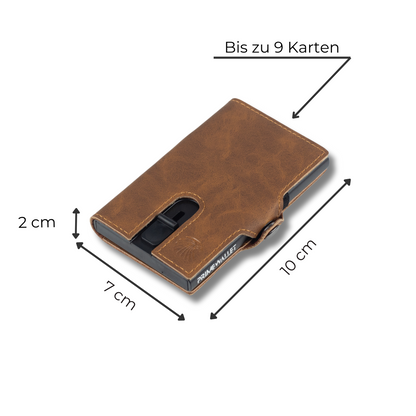 Slim Wallet Push Braun – kompakte Geldbörse mit Maßen 10 x 7 x 2 cm. Bietet Platz für bis zu 9 Karten und Bargeld.
