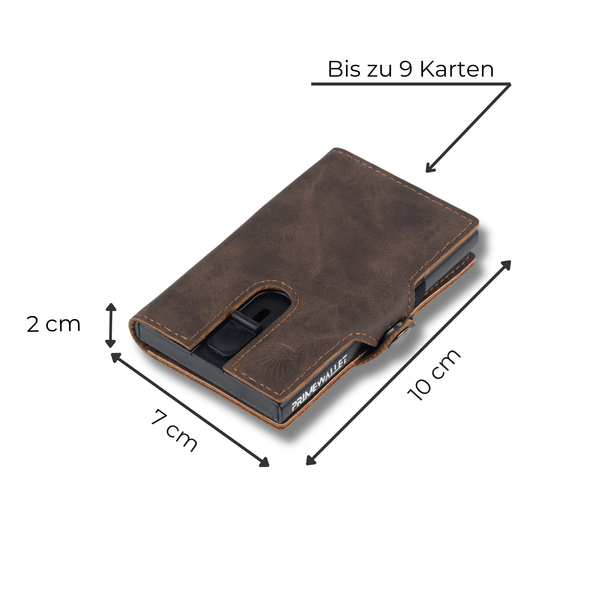 Slim Wallet Push Dunkelbraun – ultra-dünn mit den Maßen 10x7x2 cm. Praktischer Push-Mechanismus für schnellen Zugang zu Karten und Bargeld.