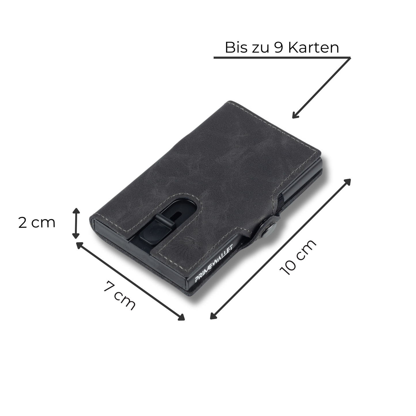 Slim Wallet Push Grau – schlanker Geldbeutel mit praktischem Push-Mechanismus. Ideal für den Alltag, bietet Platz für 9 Karten und schützt vor Datenklau.