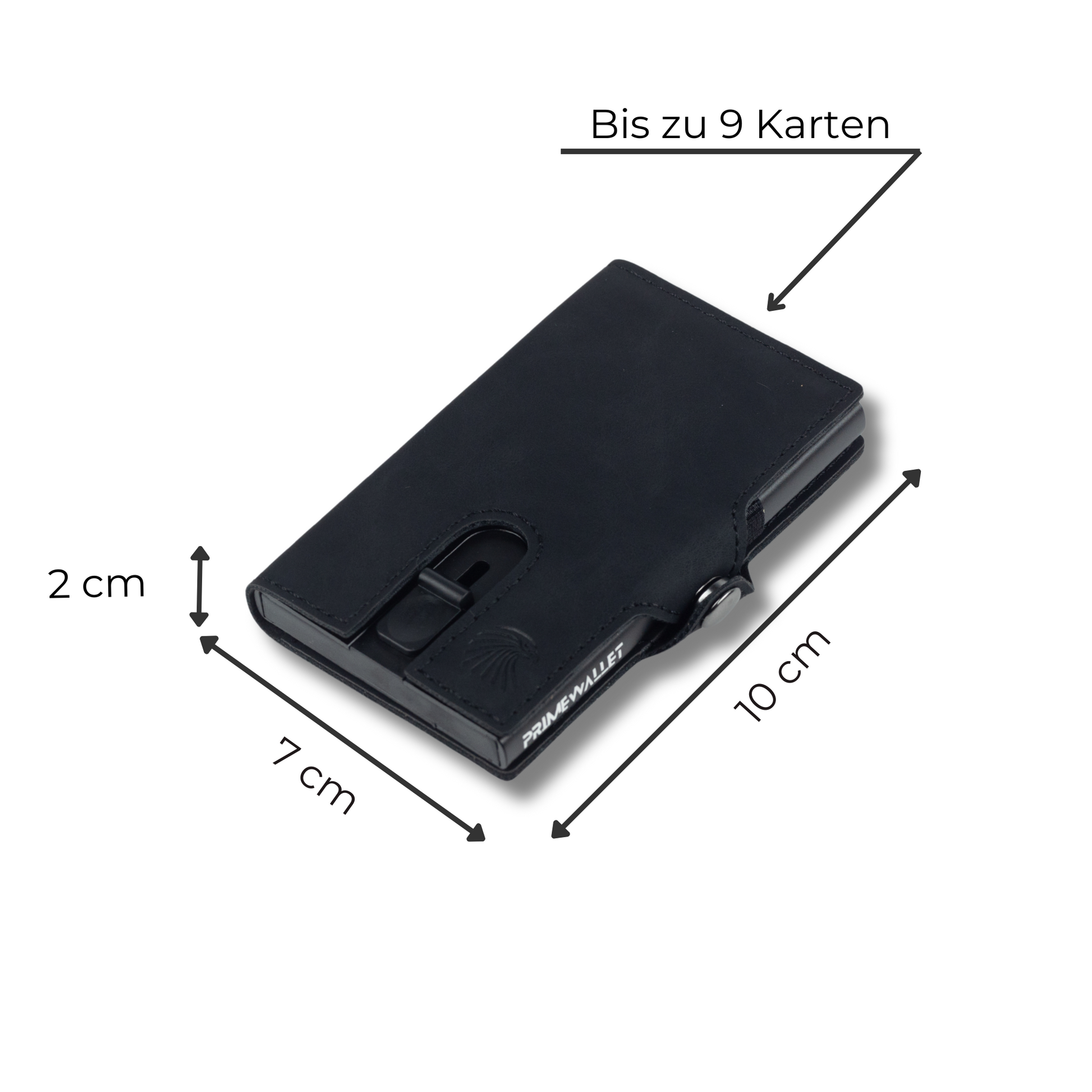 Slim Wallet Push Schwarz – modernes und praktisches Portemonnaie mit RFID-Schutz. Dank Push-Mechanismus einfache Handhabung für bis zu 9 Karten.