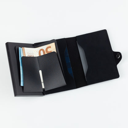 Slim Wallet Schwarz – sicheres Portemonnaie mit integriertem RFID-Schutz. Praktischer Geldbeutel für Karten und Bargeld.