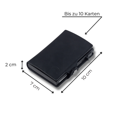 Slim Wallet Schwarz – stilvolle Geldbörse mit RFID-Schutz. Bietet Platz für bis zu 10 Karten und schützt Ihre Daten zuverlässig.